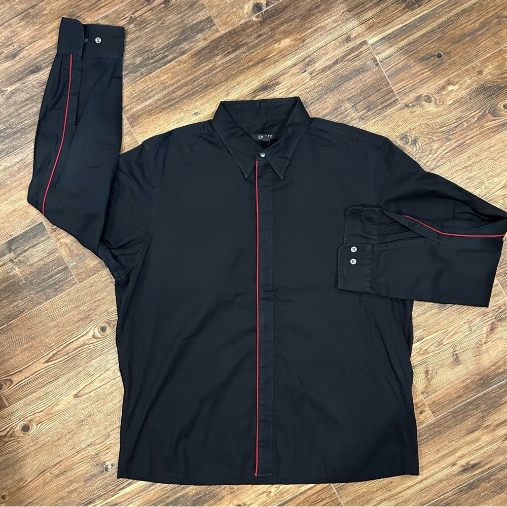 DKNY Men’s Black Dress Shirt with Red Trim – Size XL